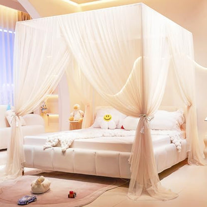 Princess Canopy Bed Curtains Mosquito Net for Single & Queen Beds - Cozy Drape Netting with 4 Openings