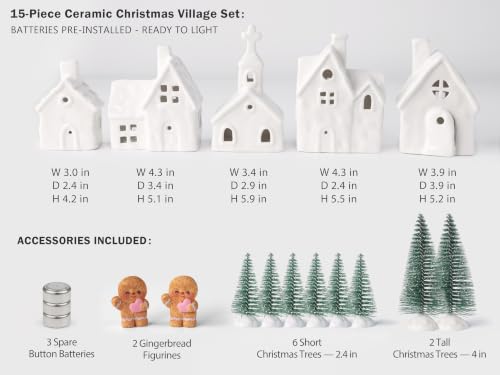 Christmas Village Set with Lighted Ceramic Houses, Trees & Figurines - Indoor Holiday Decor