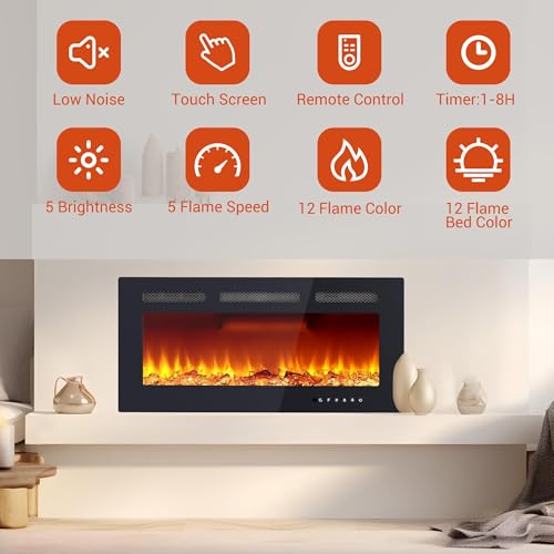 36 Inch Electric Fireplace Insert with Remote Control - Recessed or Wall Mount