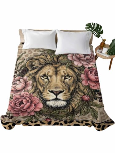 Queen Size Flat Sheet with Lion Print Microfiber Bed Sheets - Rose, Camel, Emerald, Peony / Queen