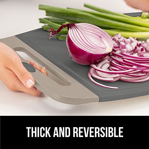 The Original Gorilla Grip Oversized 100% BPA Free Reversible Durable Kitchen Cutting Board Set of 3, Juice Grooves, Dishwasher Safe, Easy Grip Handle Border, Food Chopping Boards, Cooking, Red Gray