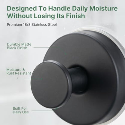 Heavy Duty Suction Cup Hooks 6 Pack - Removable Bathroom Hooks, Black