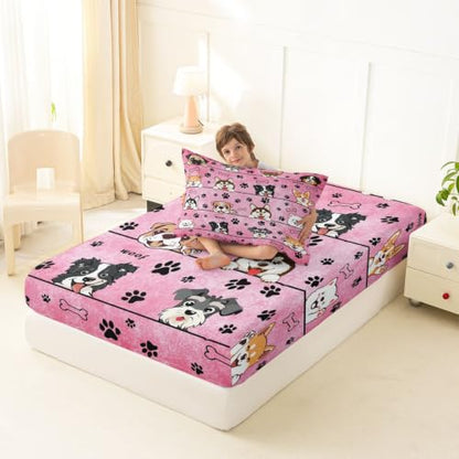 Manfei Pink Dog Fitted Sheet Twin Size Paw Print Kids Bedding Set - Deep Pocket, 2 Pieces