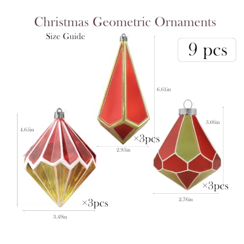 Christmas Tree Ornaments Set - Red and Gold Geometric Shatterproof Decorations, 9 pcs - Holiday Home Decor