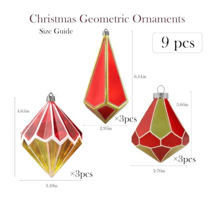 Christmas Tree Ornaments Set - Red and Gold Geometric Shatterproof Decorations, 9 pcs - Holiday Home Decor