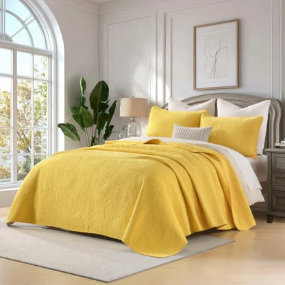 Cotton Quilt Set California King Bright Yellow Coin Pattern Lightweight Pre-Washed Bedding