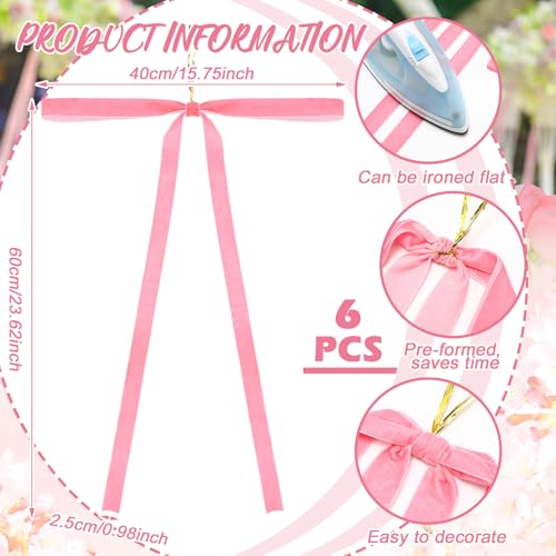 Pink Velvet Christmas Bow Ornaments Set of 6 - Long Holiday Tree Decor