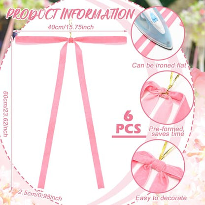 Pink Velvet Christmas Bow Ornaments Set of 6 - Long Holiday Tree Decor