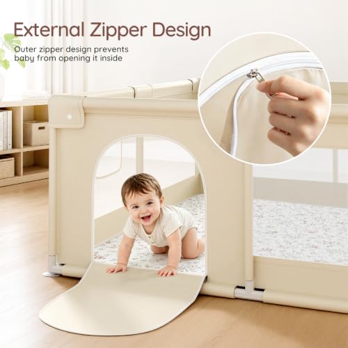 Baby Playpen with Mat Beige 47x47in Safety & Soft Cushioned Toddler Play Area