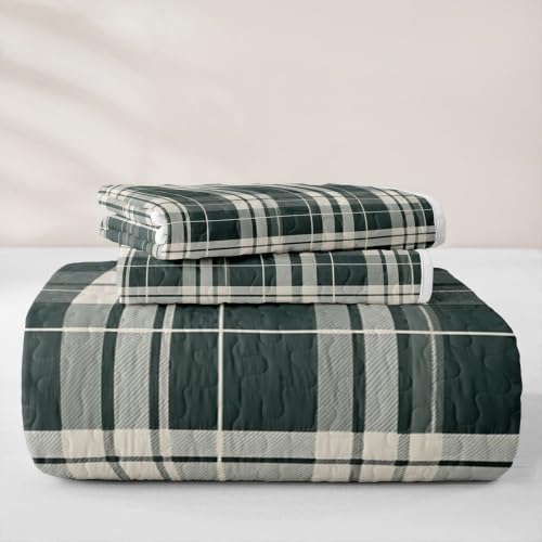 Gray White Tartan Plaid Quilt Set Twin Size Bedspread with Pillow Sham