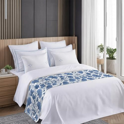 Blue Ginkgo Leaf Bed Runner Cal King Size Farmhouse Botanical Table & Bed Decor - 102x20