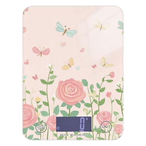 QwThum Food Scale Kitchen Digital Scale Food Ounces and Grams Dieting Baking Cooking Waterproof Glass Panels LCD Display,4 Units Scale Tare Function Pink Roses and Dragonfly Butterfly