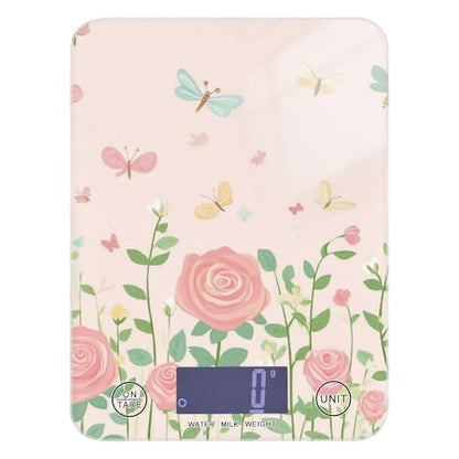 QwThum Food Scale Kitchen Digital Scale Food Ounces and Grams Dieting Baking Cooking Waterproof Glass Panels LCD Display,4 Units Scale Tare Function Pink Roses and Dragonfly Butterfly