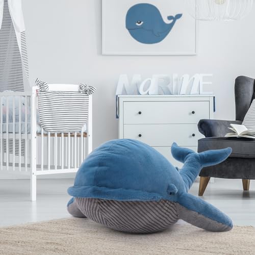 43-Inch Giant Blue Whale Plush Pillow - Soft Stuffed Animal Toy for Kids & Decor