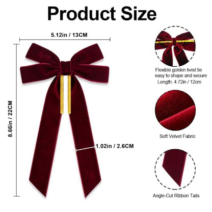 Burgundy Velvet Christmas Bow Set - Pre-Tied Holiday Tree Decorations, 12pcs