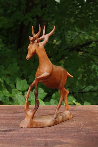 12-Inch Wooden Hand Carved Deer Statue Figurine - Rustic Lodge Decor