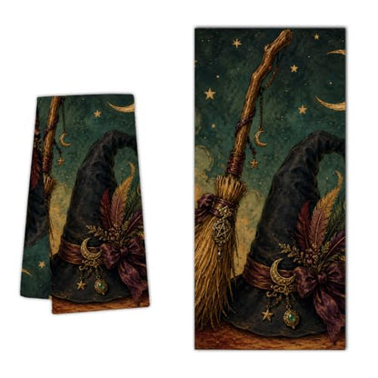 Halloween Kitchen Towel Witch Hat Broom and Crescent Moon Variation - Gothic Fall Decor