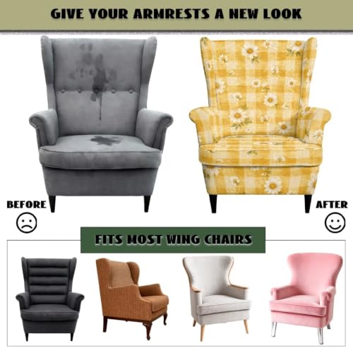 Yellow Gingham Daisy Print Stretch Wingback Chair Slipcover 2 Piece - Fits Chairs Up to 31.5"