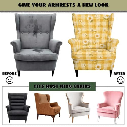 Yellow Gingham Daisy Print Stretch Wingback Chair Slipcover 2 Piece - Fits Chairs Up to 31.5"