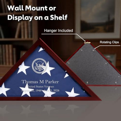 Memorial Flag Display Case with Laser Engraved Glass for Veteran Burial Flag