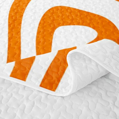 Orange White Twin Geometric Quilt Set with Pillowcase - Modern Wave Lines Bedspread