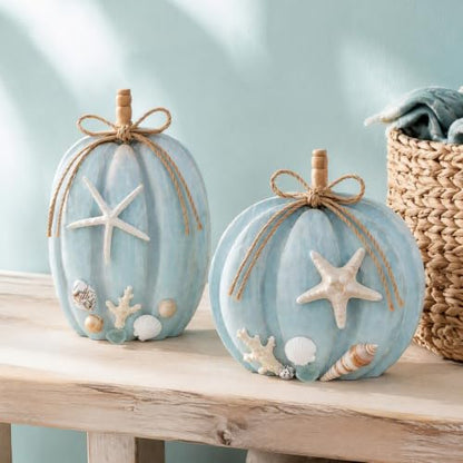 2-Pack Coastal Wooden Pumpkin Decor with Starfish & Shell Accents, 6.69 & 5.91 Inches