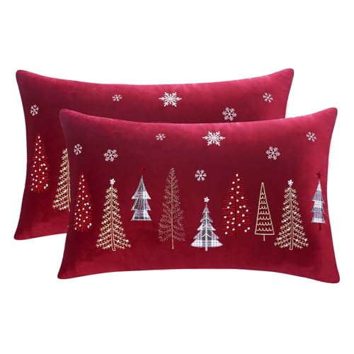 Red Christmas Embroidery Throw Pillow Covers 16x26 Set of 2 Velvet Xmas Tree Snowflake Decor