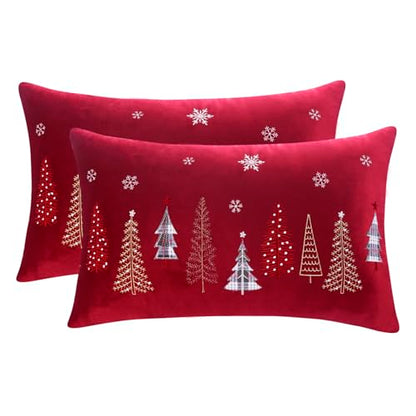 Red Christmas Embroidery Throw Pillow Covers 16x26 Set of 2 Velvet Xmas Tree Snowflake Decor