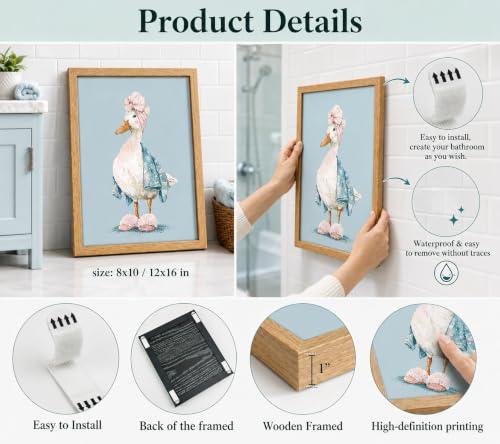 Wood Framed Bathroom Duck Wall Art - Cute Canvas Decor with Variation Bathroom Duck 10"L x 8"W