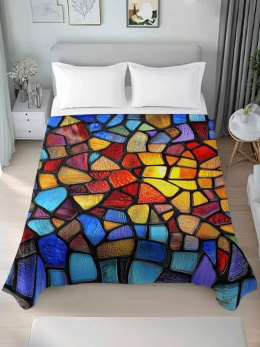 King Flat Sheet Multi Blue Stained Glass Gradient Microfiber Cooling Bedding