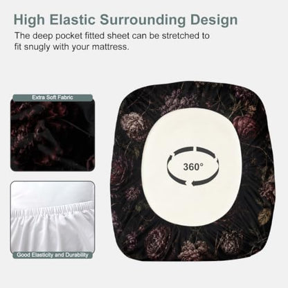 Dark Thorn Wilted Flower Fitted Sheet Set Full - Gothic Floral Bedding