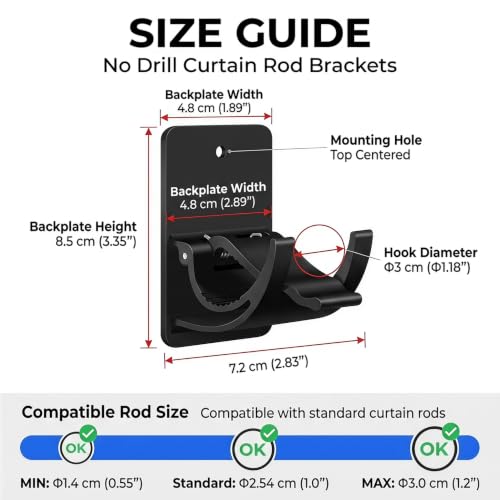 No Drill Curtain Rod Brackets with Adhesive & Screws - Supports 20-30 lb, Fits 0.55-1.2 in Rods - 4 Pack, Matte Black - Variation 4