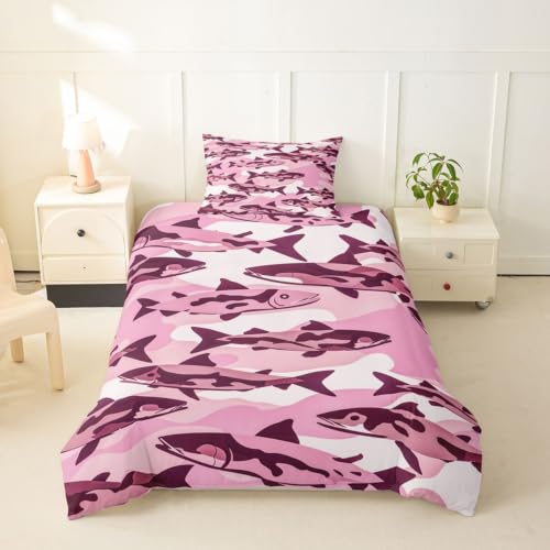 Camouflage Fish Hunting Duvet Cover Twin Size Boys Girls Bass Pike Bedding Set Breathable Microfiber No Comforter Pink Variation