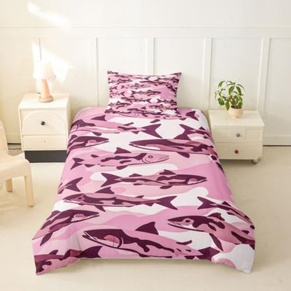 Camouflage Fish Hunting Duvet Cover Twin Size Boys Girls Bass Pike Bedding Set Breathable Microfiber No Comforter Pink Variation