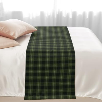 94x20 Inch King Size Satin Bed Runner Scarf - Green Black Buffalo Plaid Checkered