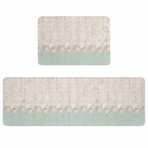 Beach Kitchen Rugs Set of 2 - Mint, Seafoam, Sand, Cream, 40x60 + 40x120 Inches