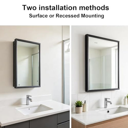 Recessed & Surface Mount Mirror Medicine Cabinet - Moistureproof Black Iron Bathroom Storage, 14x24 Inches