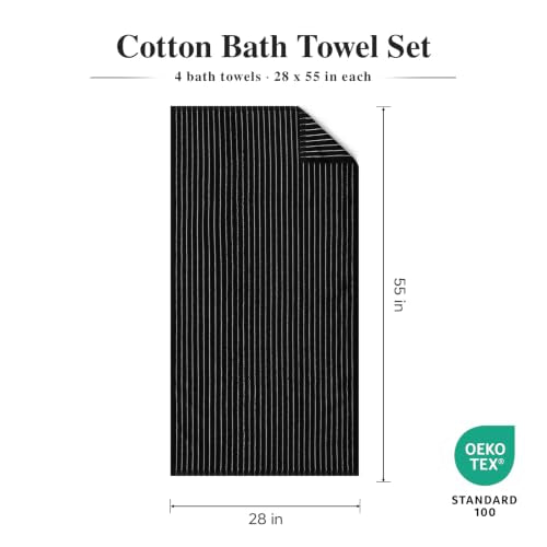 Black 28x55 Inch Bath Towels Set of 4 - Premium 100% Cotton Striped