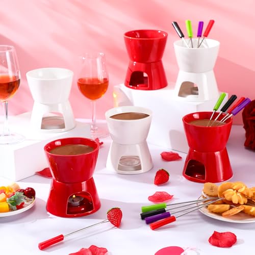 Ceramic Fondue Mug Set with 24 Forks - Red & White 6-Piece Kitchenware