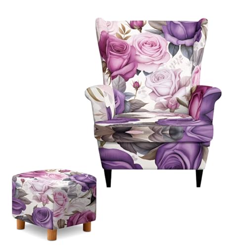 Purple Rose Wingback Chair Cover with Matching Ottoman Cover - Stretch Fabric