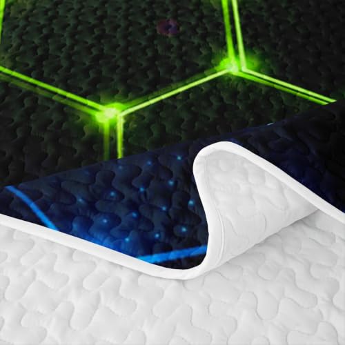 Castle Fairy 3D Honeycomb Block Quilt Set Twin Size Neon Blue Green with Pillow Sham - Geometric Kids Bedding