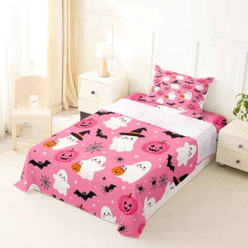 Pink Deep Pocket Twin Bed Sheets Set with Ghost Pumpkin Design, 3 Pieces