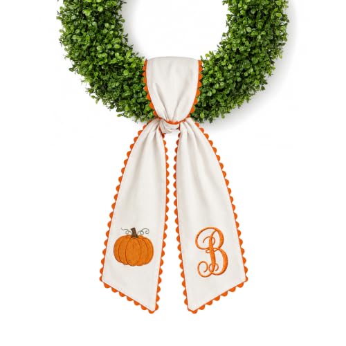 Halloween Pumpkin Wreath Sash - Fall Front Door Decor with Orange Bow (Variation B)