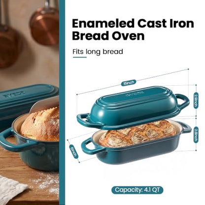 Oval Enamel Cast Iron Bread Oven - Teal 15-Inch Baguette & Artisan Loaf