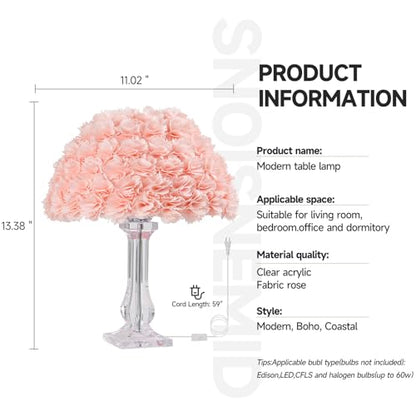 Pink Artificial Flower Bedside Table Lamp with Acrylic Base - Romantic Bedroom Decor