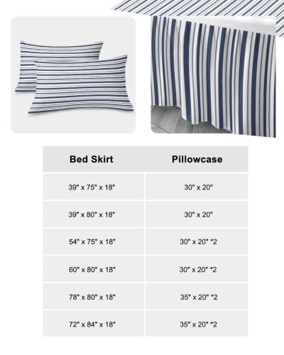Blue Full Size Ruffle Bedspread Set with Bedskirt and Pillow Shams – Navy Striped Bedding Cover