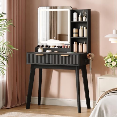 Vabches Black Small Makeup Vanity Desk with Mirror, Lights & USB-C Charger
