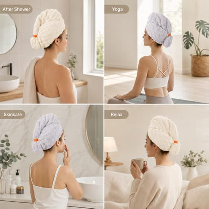 Microfiber Hair Drying Towel 2Pack Large Size with Elastic Band - Beige & Gray