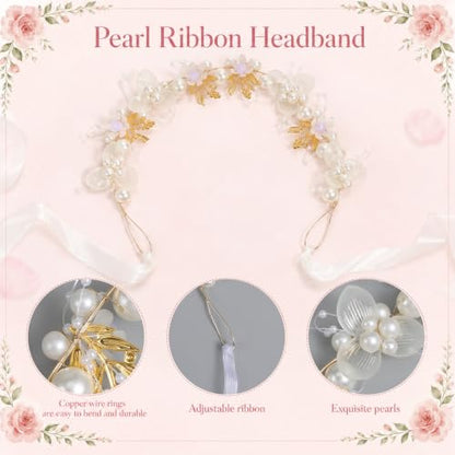 Wedding Flower Girl Basket with Pearl Handle & Headpiece Ivory Set
