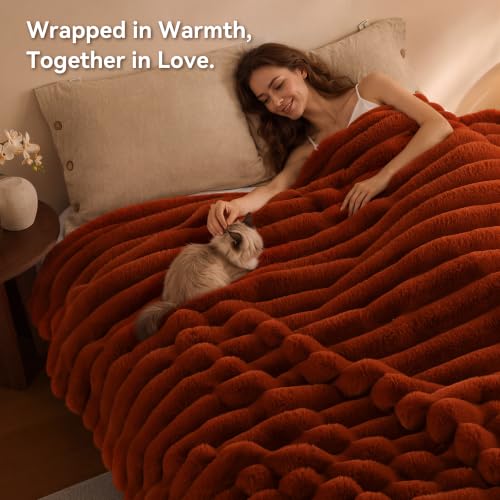 Burnt Orange Faux Rabbit Fur Throw Blanket 50x60 Fluffy Cozy Plush